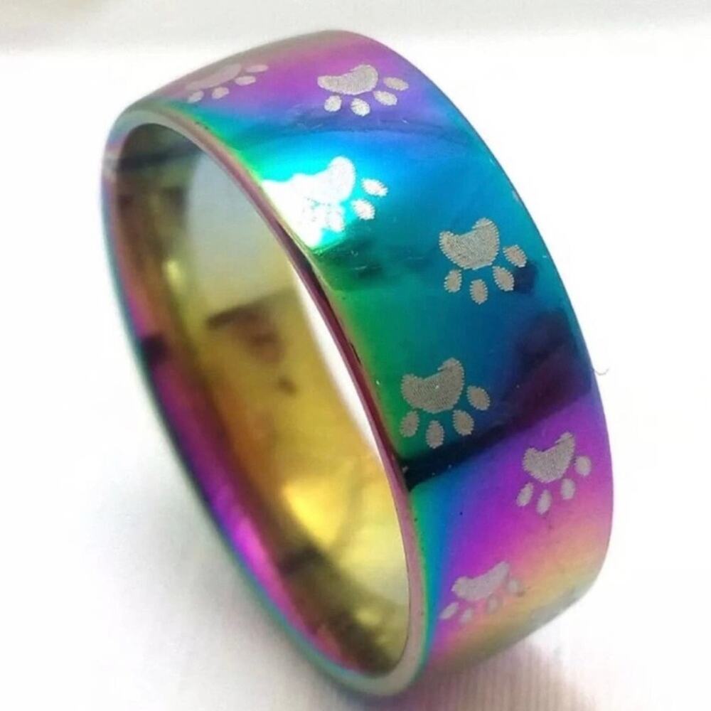 🐾‎ Lot of 5 Stainless Steel Rainbow Paw Print Rings. NWT. Sizes 7-11